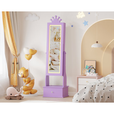 Armoire à bijoux autoportante pour enfants avec miroir lumineux DEL pleine longueur, inclinaison réglable, 3 tiroirs de rangement – ​​Organisateur de coiffeuse princesse pour les déguisements et les bijoux des petites filles, violet