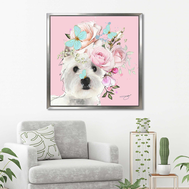 Flower Westies (Square) par By Jodi - impression, Cadre flottant argent, H 31,5 po x l 31,5 po x P 2 po