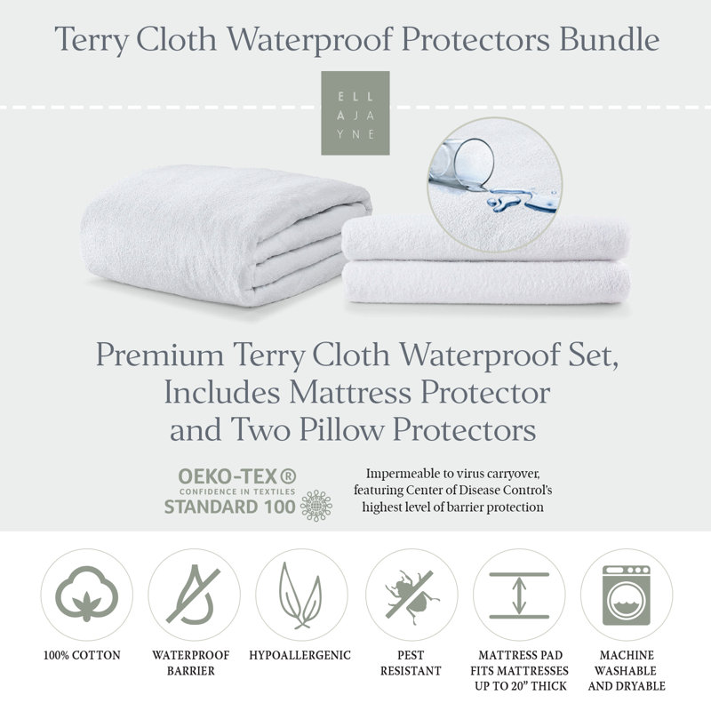 Terry Cloth Waterproof 3-Piece Bundle: Terry Cloth Waterproof Mattress Pad Twin, Terry Cloth Waterproof Pillow Protector Standard 2-Pack