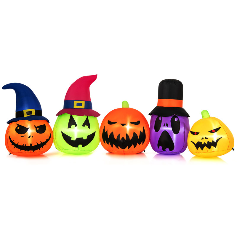 9 Ft Inflatable Multicolor Pumpkin Patch Family with LED Lights and Witch Hats