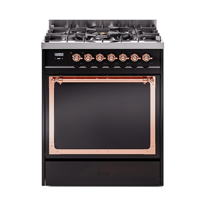 ILVE Nostalgie II Noblesse 30 in Dual Fuel Range, Glossy Black/Copper, Natural Gas