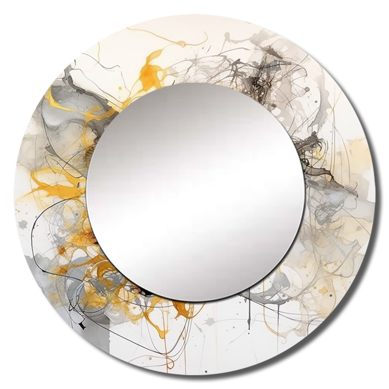 Seota Yellow Grey Marble Symphony I - Abstract Mirror, Yellow Round Decorative Wall Mirror, Printed Metal Art, 36" x 36"