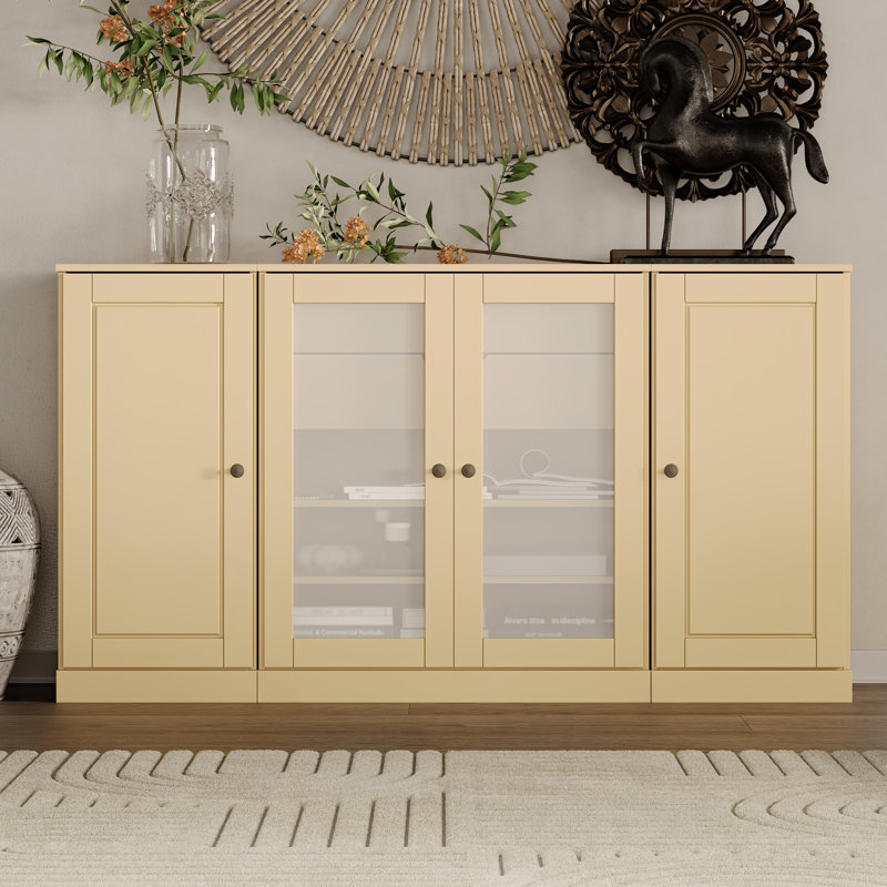 Buffet 100% bois massif 65 po avec portes en verre massif givré, 2 tiroirs et tablettes réglables, Jaune