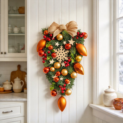 Décoration de Noël artificielle 19,68 pouces avec nœud en toile de jute et ornements, décoration murale festive suspendue pour manteau de porte d'entrée murale