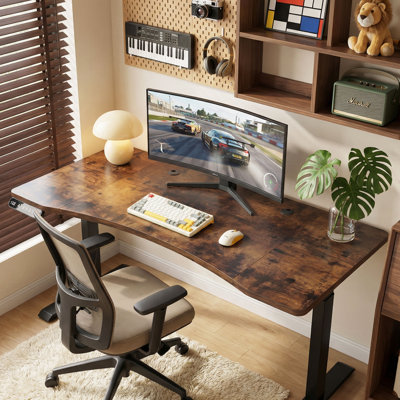 63" x 30" Dual Motor Electric Standing Desk with Ergonomic Curved Top, 4 Memory Presets & Integrated 20W USB-C Fast Charging - Professional Home Office Workstation (Walnut) Vintage Brown