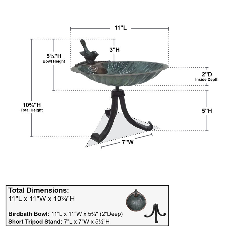 Antique Brass Scallop Shell Birdbath with Tripod Stand