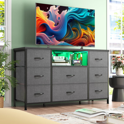  8 Drawers Dresser with LED Lights & Power Outlets, Wood & Fabric Dresser for Bedroom