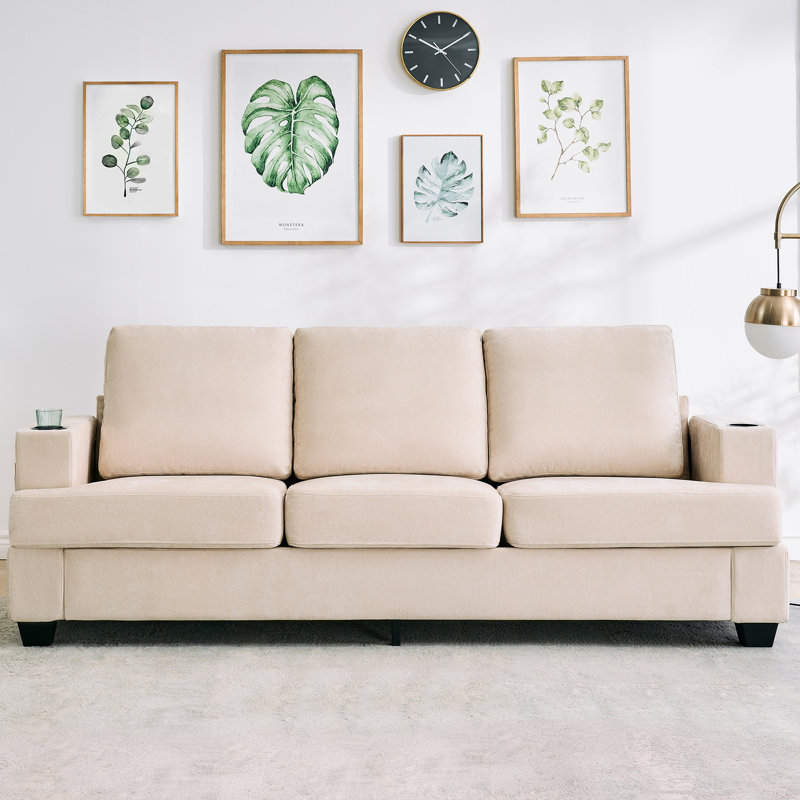 Canapé moderne à 3 places, canapé en chenille de 89 po avec siège profond, porte-gobelets et poches de rangement latérales - Canapé de salon confortable pour appartements, salons et petits espaces