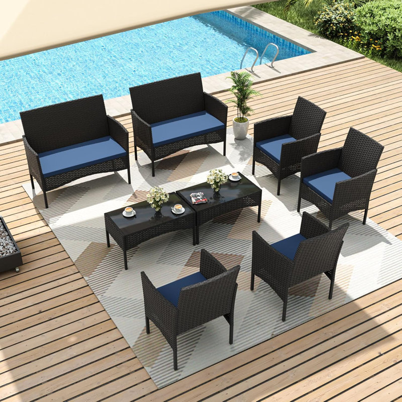 8-Piece Modular All-Weather Wicker Patio Conversation Set With Loveseats, Armchairs, And Tables, Navy