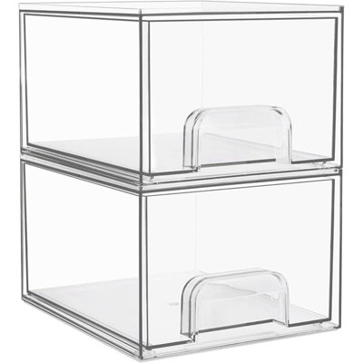 Ensemble de 2 tiroirs de rangement empilables transparents, grand organisateur de maquillage en acrylique de 4,4 po de hauteur, bacs de rangement en plastique pour meuble-lavabo, sous-comptoir, armoires de cuisine, garde-manger, rangement