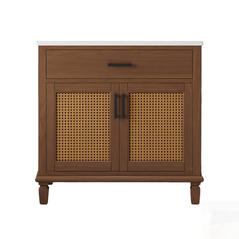 Meuble-lavabo en rotin avec lavabo en céramique, portes à fermeture douce et grand rangement, parfait pour les salles de bain modernes et élégantes.