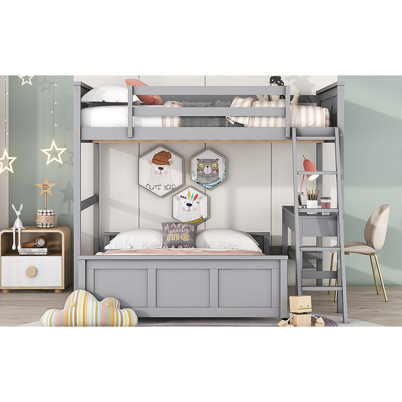 Bunk Bed With Desk, Grey, Full over Full