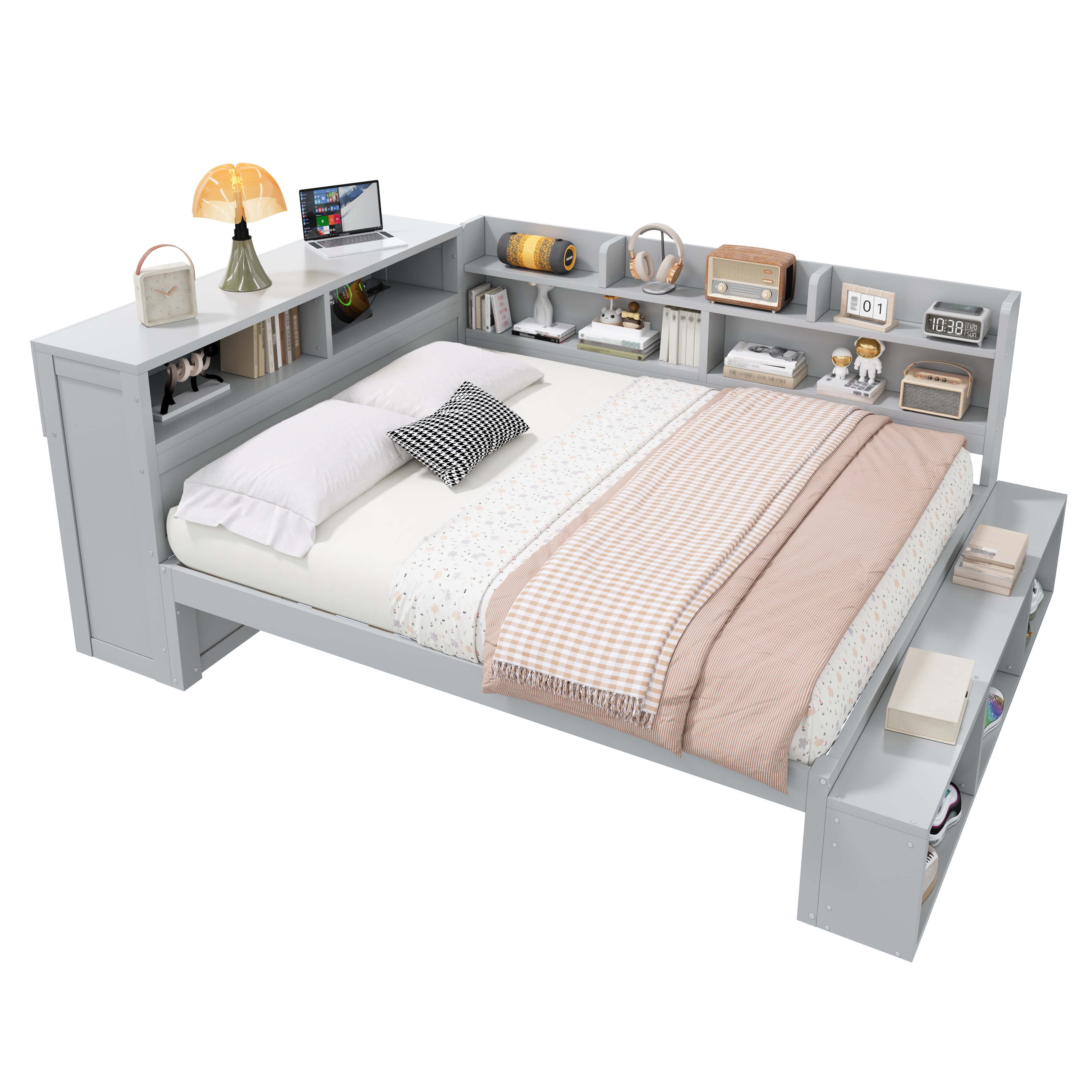 Daybed Boot Rack Ebern Designs Full Size Daybed with Storage Cabinets, Shoe Rack & USB ...