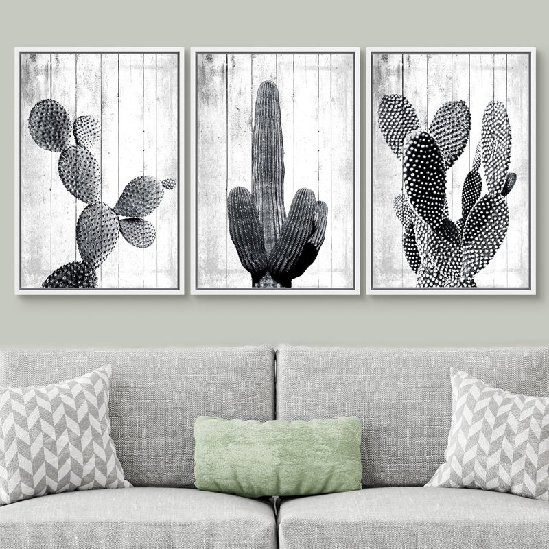 Cactus désert noir et blanc groupes de cactus, impression sur toile, 3 pièces, H 36 po x l 72 po x P 1,5 po, Blanc