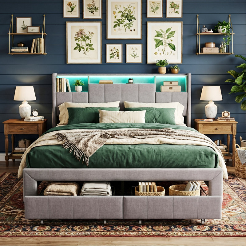 European Double & King Upholstered Storage Bed with LED Headboard, Linen Bed Frame with Hidden Storage & Drawers, Grey Linen