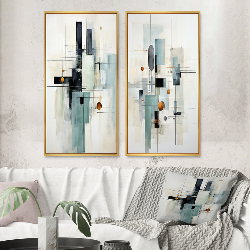 «Grey Suprematism Geometric Symphony», 2 pièces, H 20 po x l 24 po, Encadrement doré