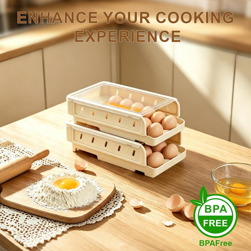 Egg Holder for Fridge, Automatic Rolling Egg Container for Refrigerator, Stackable Fridge Organizers and Storage with Lid, Clear Plastic Egg Dispenser , Tray ,2 Pack
