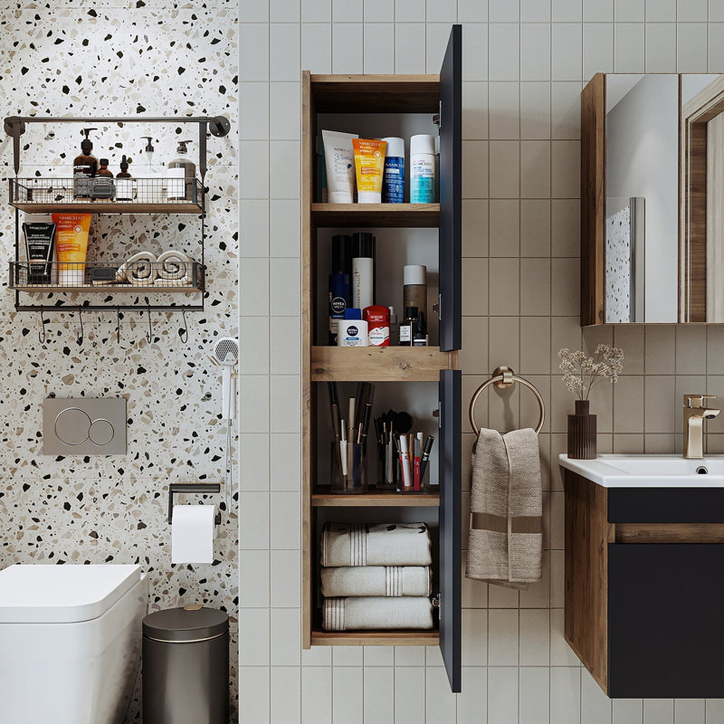 Ruarie Tall Bathroom Towel Storage Cabinet,  Anthracite/Oak