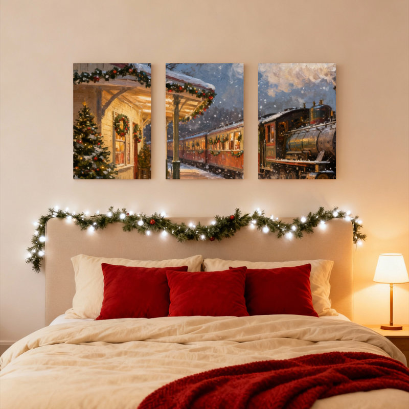 Ensemble de 3 tableaux sur toile représentant une gare de Noël, H 18 po x l 36 po