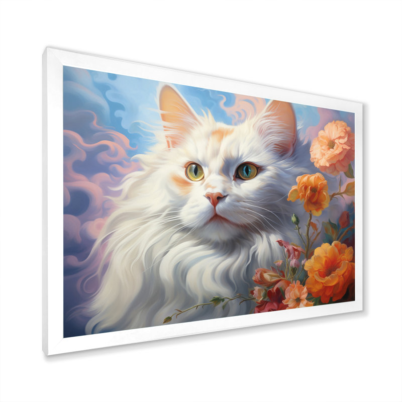 Portrait d'un chat gracieux avec fleurs - impression, Cadre simple blanc, H 30 po x l 40 po x P 1,5 po