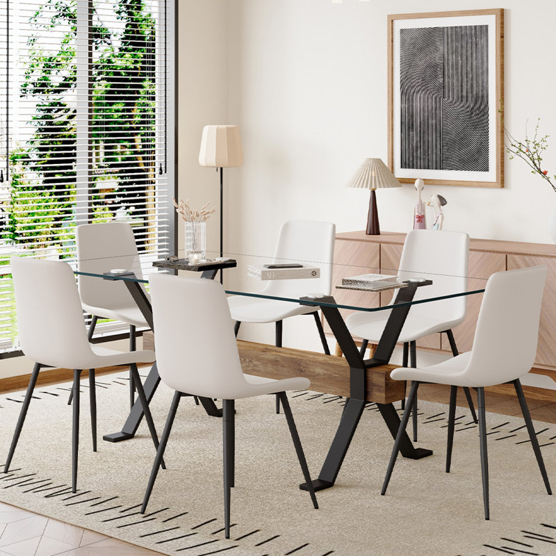 7-Piece Glass Top Dining Table Sets, White/Black