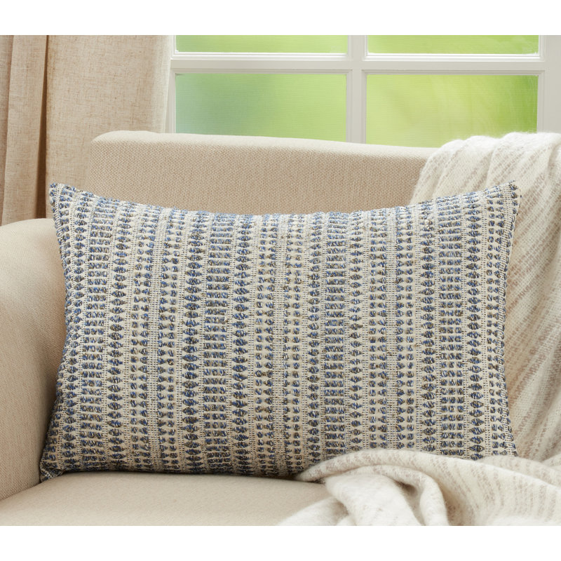 Blue and White Woven Line Cotton Blend Throw Pillow