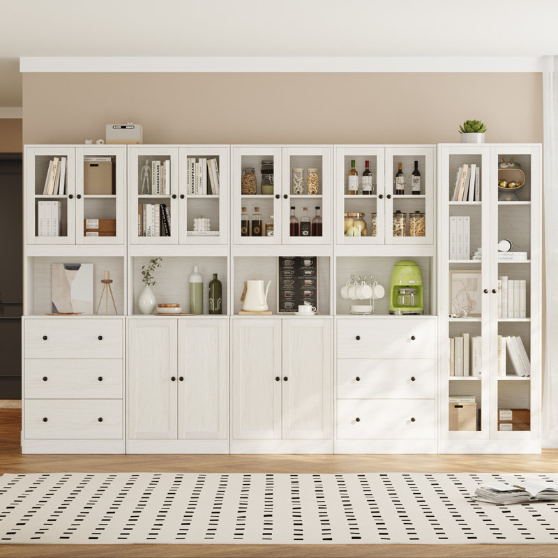 Book Cabinet Storage Bookcase, 5-Tier Modern Bookshelves With 3 Large Drawer And Glass Door(2A+2B+C), White