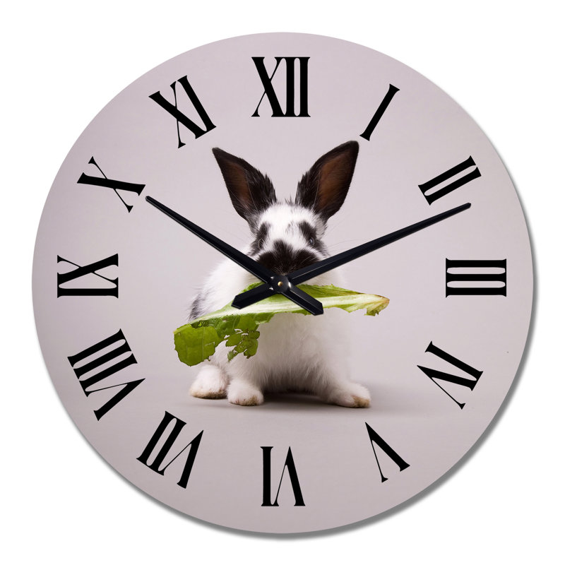 Horloge murale traditionnelle lapin noir et blanc avec feuille verte, Moyen