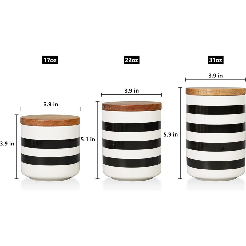 Ensemble de 3 pots en céramique avec couvercles en bambou noir et blanc