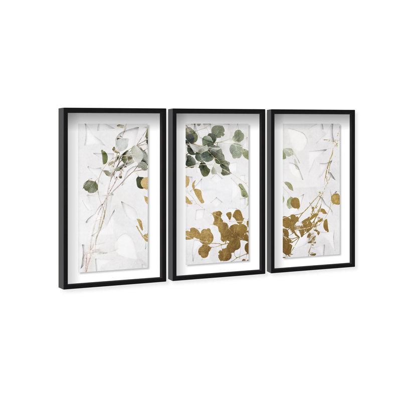 Oliver Gal Golden Leaves Triptych Floral and Botanical - Luxury Shadowbox Framed Wall Art, Black