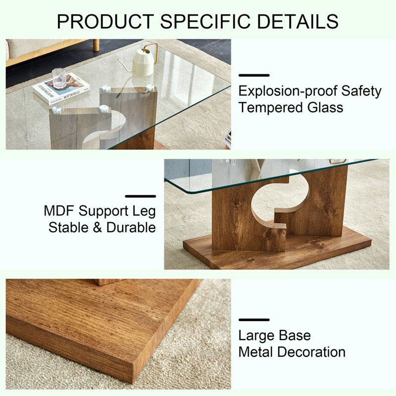 Rectangular tempered glass tabletop dining table, Natural Wood