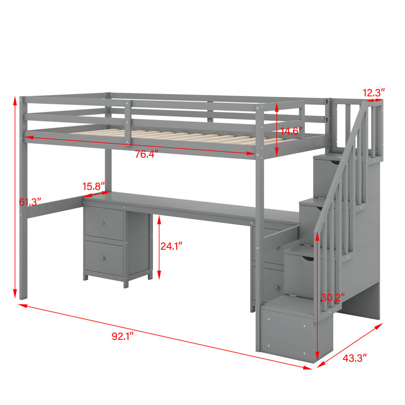 Lit mezzanine simple avec bureau et tiroir, Gris