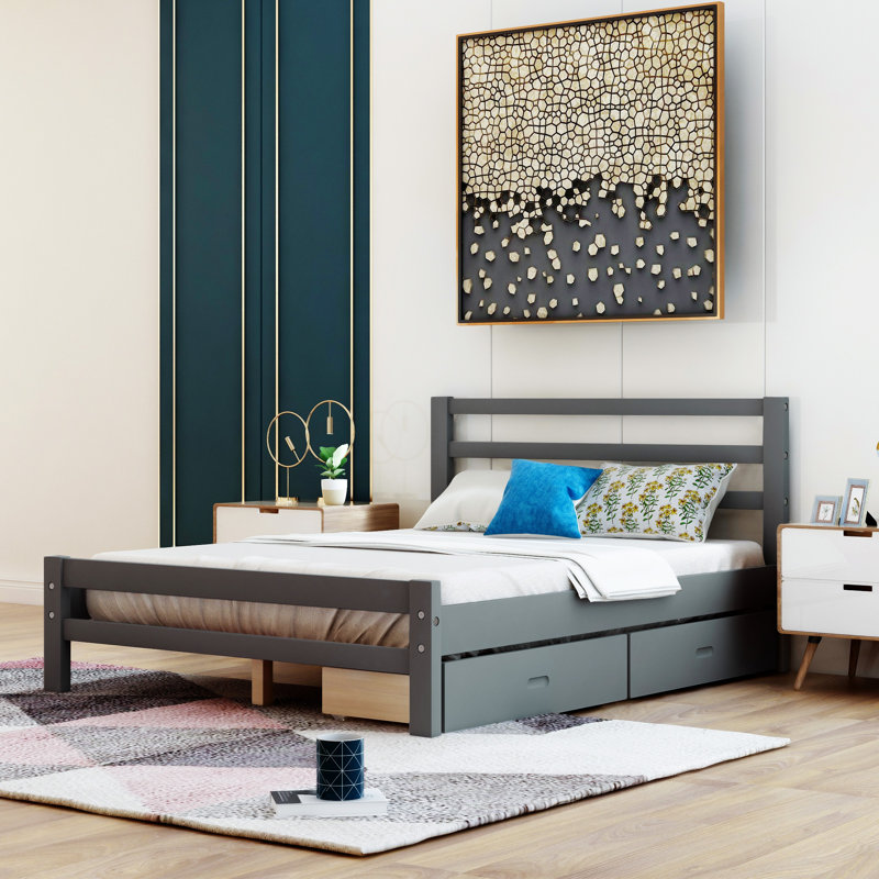 Lit plateforme avec rangement à profil bas Aniko avec 2 tiroirs et tête de lit, Plein, Gris