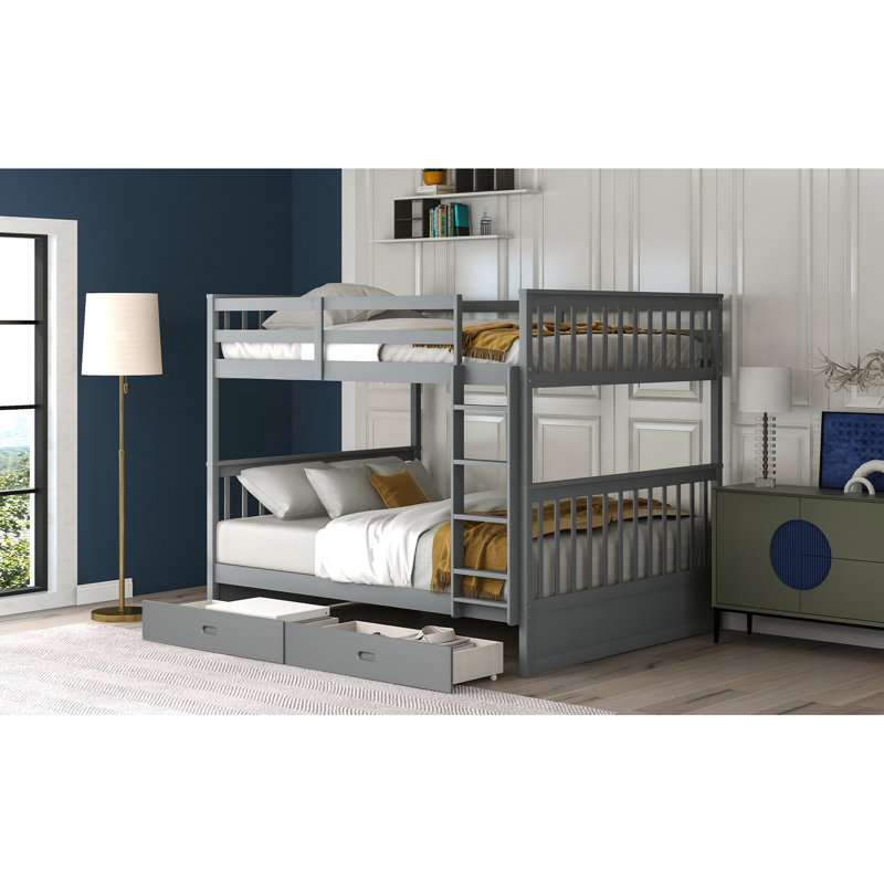 Lit superposé avec échelles et deux tiroirs de rangement en gris, espace polyvalent pour les familles et escalade fiable