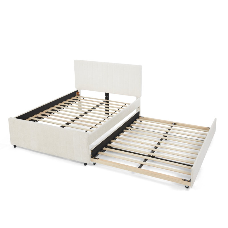 Lit double rembourré double avec dossier haut rembourré et lit gigogne caché Dwaine, Beige