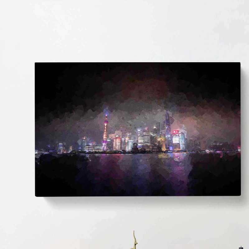 Shanghai China Skyline At Dusk In Abstract - Wrapped Canvas Painting, 50cm H x 76cm W x 3cm D