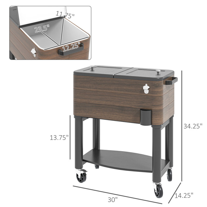 Glacière roulante pour patio 60 pintes - brun. Avec roues verrouillables. Garde les boissons au frais pendant 36 heures. Ouvre-bouteille intégré et bouchon de drainage pratique facile à nettoyer