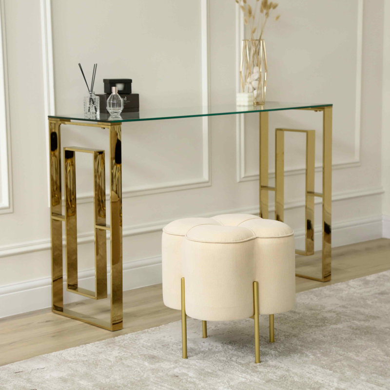Velvet Ottoman Dressing Stool for Bedroom Furniture, Modern Accent Stool with Iron Metal Legs, Cream