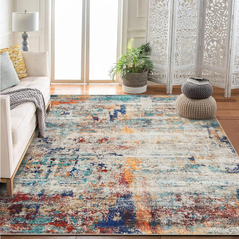 Grand tapis lavable de 6 pi x 9 pi - Tapis abstrait moderne à poils courts avec envers antidérapant pour le salon, la chambre à coucher et la salle à manger