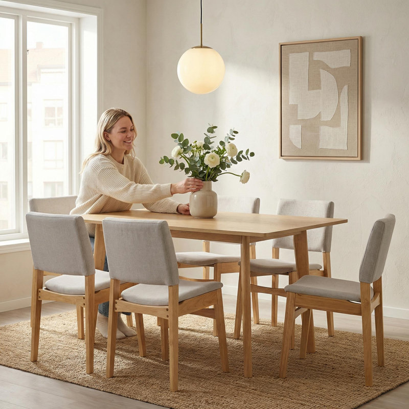 7-Piece Solid Wood Dining Table Set with Stackable Upholstered Chairs for Kitchen & Dining Room, Oak