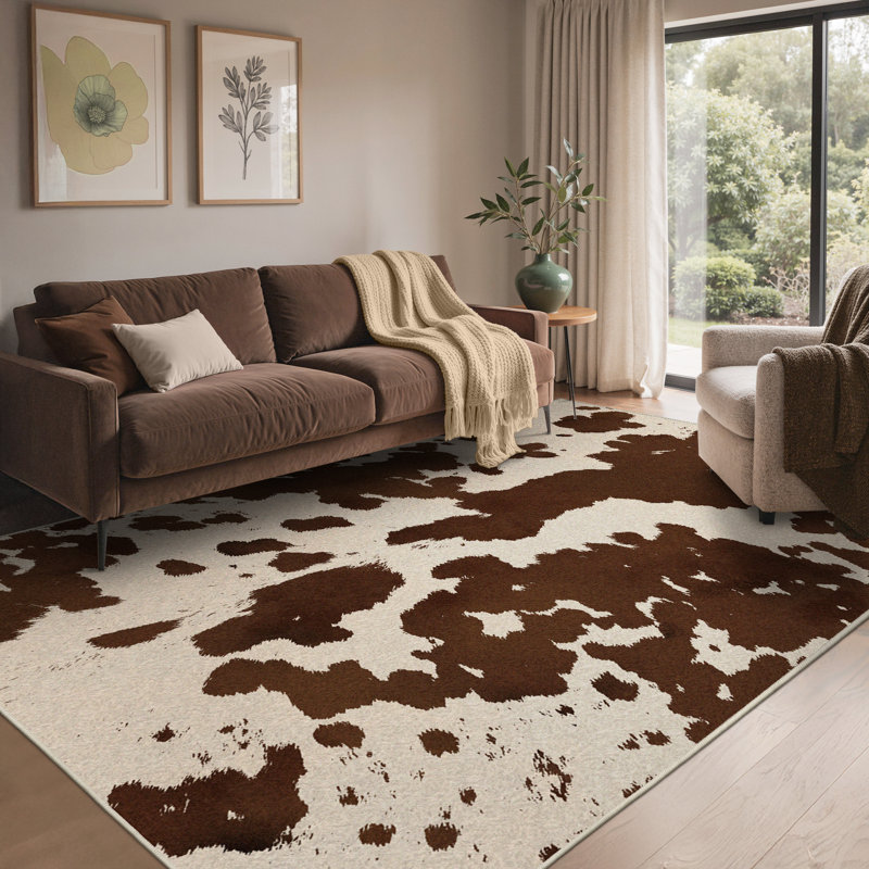Terra Vintage Cow Print Machine Washable Beige / Brown Indoor Area Rug with Non-Slip Backing, Rectangle 6' x 9'