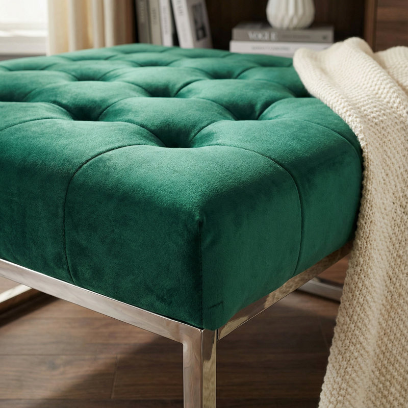 Kibwe Velvet Ottoman, Green, Polished Chrome