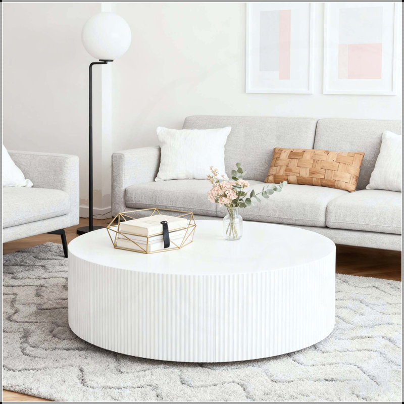 Contemporary Round Coffee Table with Handcrafted Relief, Durable and Smooth Finish, No Assembly Required, White