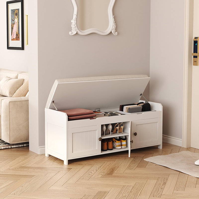 Polyester Upholstered Storage Bench, White
