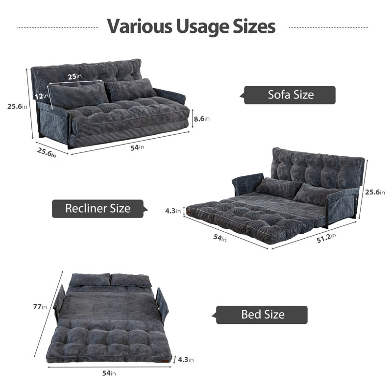 Bean Bag sofa,Floor Sofa Bed, 25.6" H x 54" W x 25.6" D, Dark Gray Corduroy