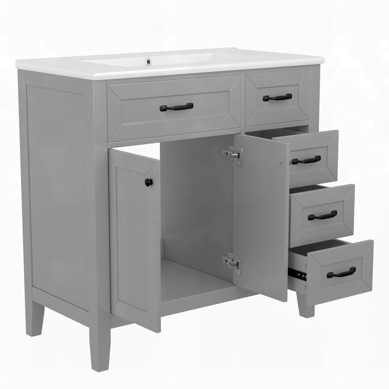 Armoire de salle de bain avec tiroirs, Gris, Noir