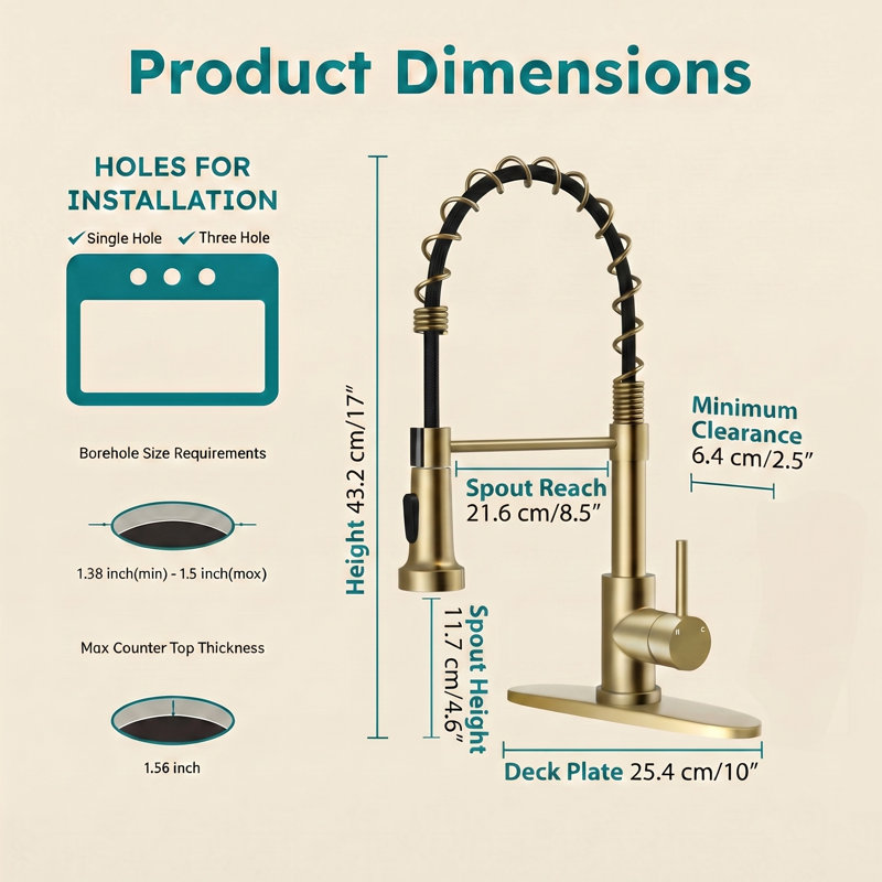 Brushed Golden High Arc Spring Kitchen Faucet with Pull Down Sprayer & 10" Deck Plate | 360° Swivel, Dual Spray Modes (Steam/Spray) for Farmhouse, Bar, RV, Laundry Sink | Fits 1 or 3 Holes, PEX Hose & Easy Install