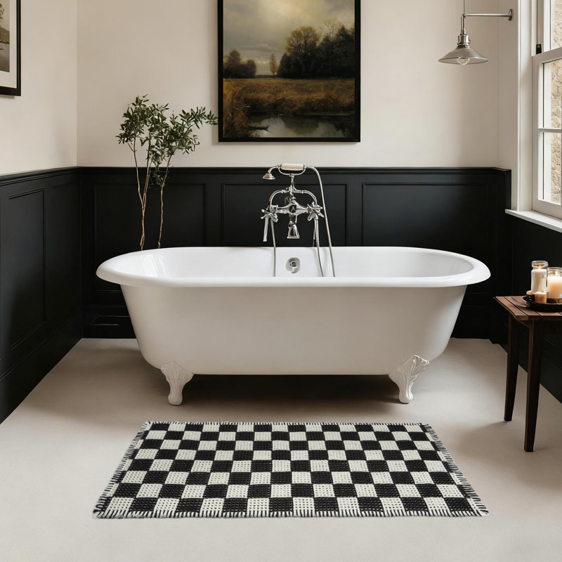 Tapis de salle de bain à carreaux gaufré 2 pi x 4 pi à carreaux gaufré noir et blanc avec pampilles, tapis de bain antidérapant et à séchage rapide pour meuble-lavabo double et cuisine, décor bohème lavable à la machine