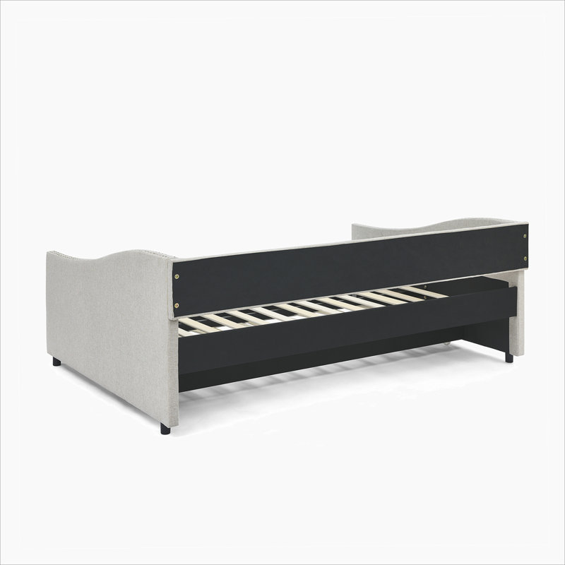 Daybed with Trundle Upholstered Tufted Sofa Bed, with Button and Copper Nail on Arms, Beige, Full