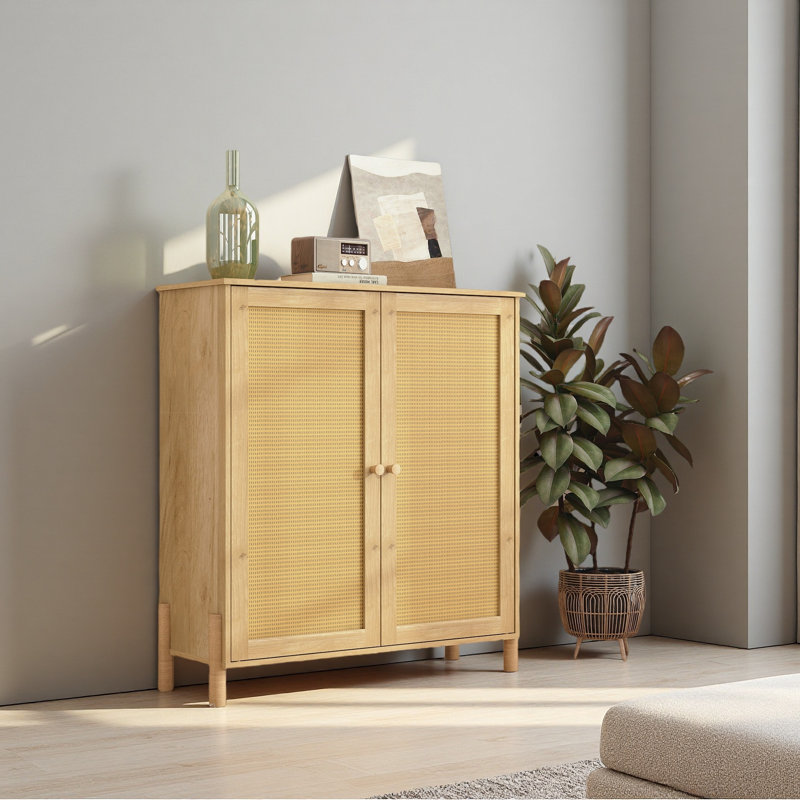 Armoire de rangement Mid-Century moderne avec portes en rotin tissé et tablettes réglables - parfaite pour le salon et la salle à manger